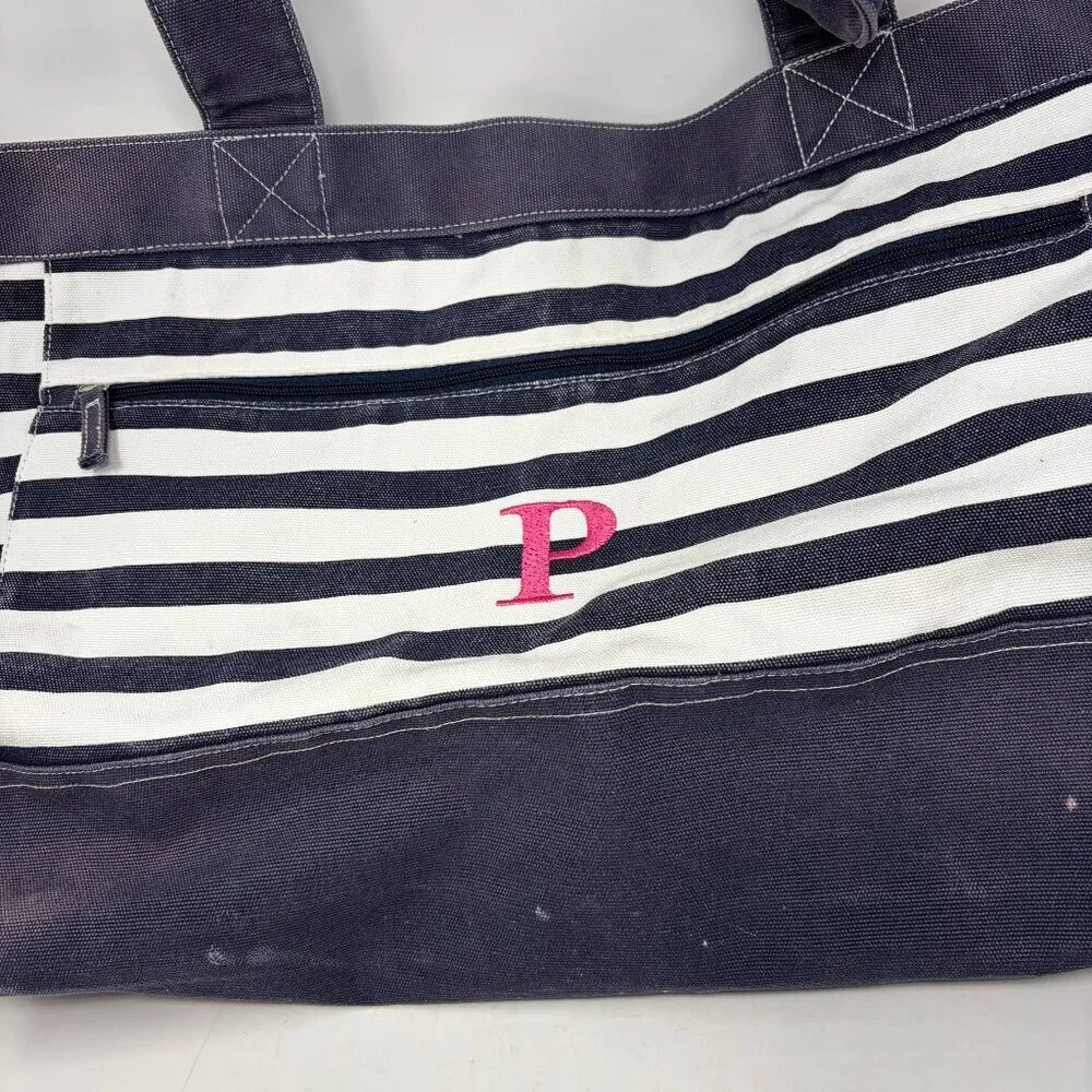 Pottery Barn Kids tote bag large blue white stripe preppy P pink monogram cotton